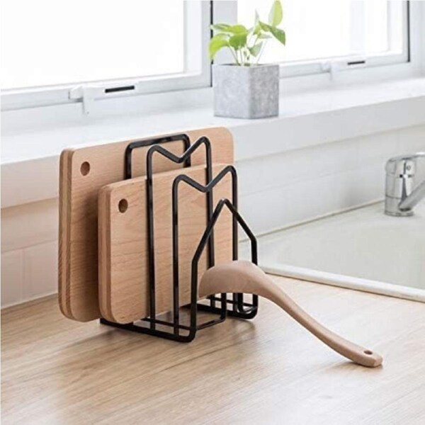 SUNFCON Cutting Board Rack Chopping Board Organizer Stand Holder Kitchen Countertop Pots Pan Lids Rack Organizer Cutting Board Holder Black