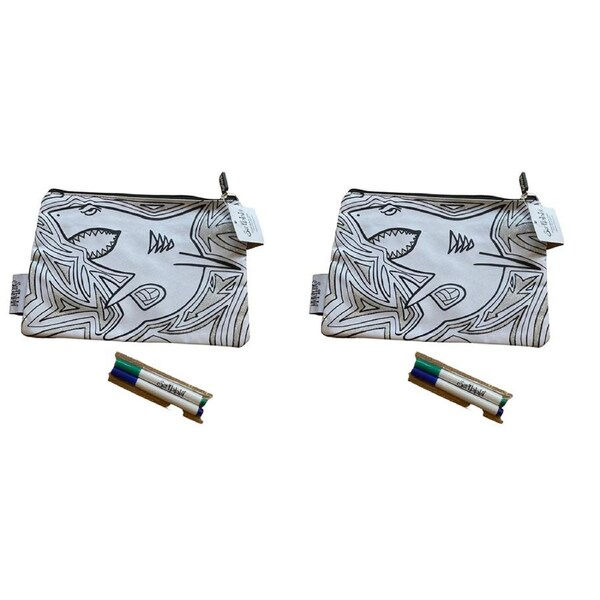 2x Scribbla Kids/Children School Pencil Case/Organiser & 2 Fabric Pen Set Shark