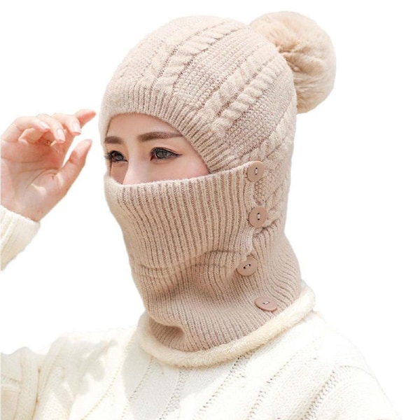 Nevenka Womens Winter Beanie Hats with Pom Cold Weather Ski Face Mask Hat Set-Khaki