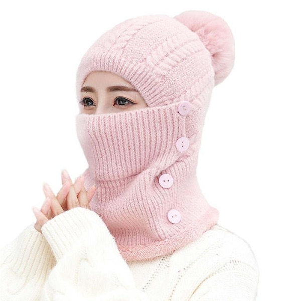 Nevenka Womens Winter Beanie Hats with Pom Cold Weather Ski Face Mask Hat Set-Pink