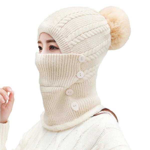 Nevenka Womens Winter Beanie Hats with Pom Cold Weather Ski Face Mask Hat Set-CreamyWhite