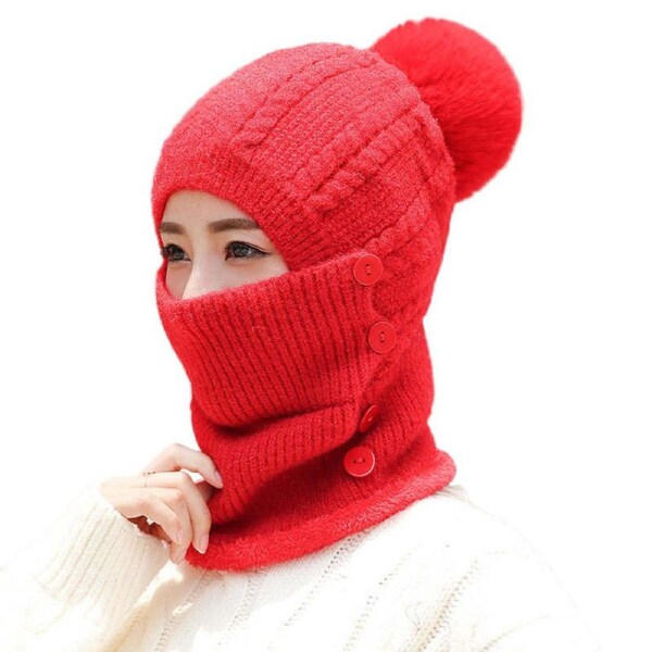 Nevenka Womens Winter Beanie Hats with Pom Cold Weather Ski Face Mask Hat Set-Red
