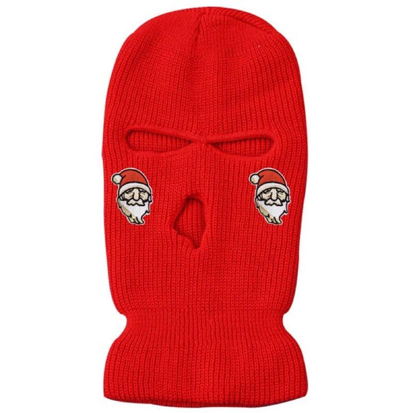 Nevenka 3-Hole Knitted Full Face Cover Colored Ski Winter Balaclava Wool Hat-Christmas Red
