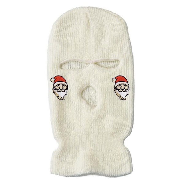 Nevenka 3-Hole Knitted Full Face Cover Colored Ski Winter Balaclava Wool Hat-Christmas White