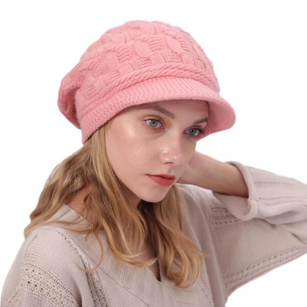 Nevenka Winter Hats Cable Knitted Beanie Hat with Visor Ribbed for Women and Girls-Pink