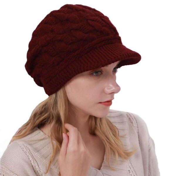 Nevenka Winter Hats Cable Knitted Beanie Hat with Visor Ribbed for Women and Girls-DarkRed