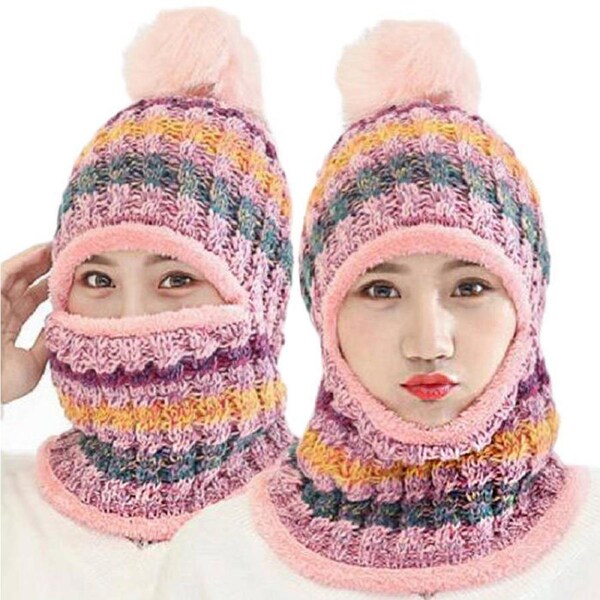 Nevenka 1 Pieces Knit Beanie Hat Scarf Mask Set For Winter-Pink