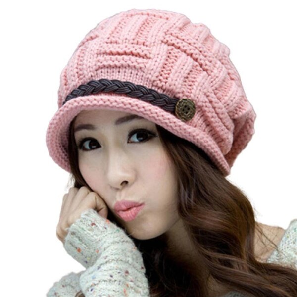Nevenka Women Warm Knit Beanie with Leather Strap For Winter-Pink