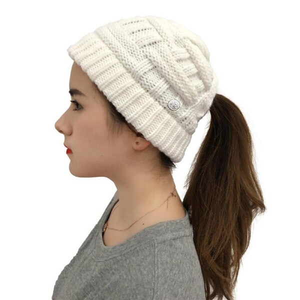 Nevenka Womens Beanie Hat with Ponytail Hole Warm Knit Cap-White