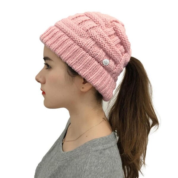 Nevenka Womens Beanie Hat with Ponytail Hole Warm Knit Cap-Pink