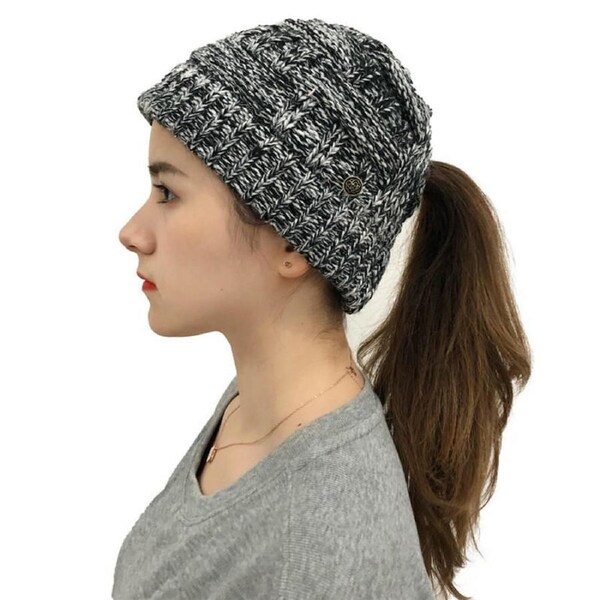 Nevenka Womens Beanie Hat with Ponytail Hole Warm Knit Cap-BlackFlowers