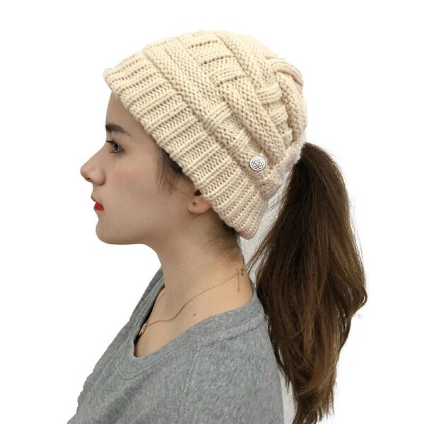 Nevenka Womens Beanie Hat with Ponytail Hole Warm Knit Cap-Beige
