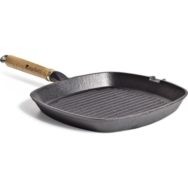 Campfire 24cm Square Frypan Cast Iron Frying Cooking Pan w/ Wood Handle Grey