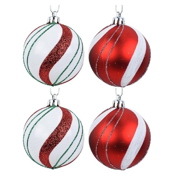 6x 60mm Red & White Candy Swirl Baubles With Green & Silver Glitter Lines