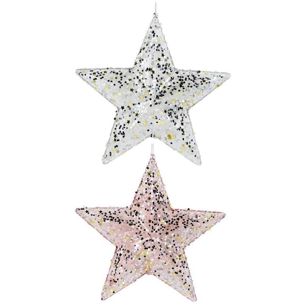 2x 17cm Clear Pink & White Hanging Christmas Star Ornaments With Sequins