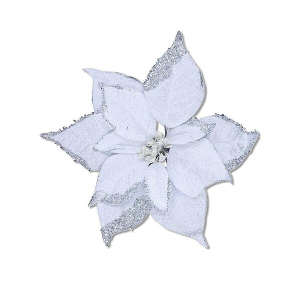 27cm White With Silver Edge Poinsettia Flower Christmas Tree Stem Pick