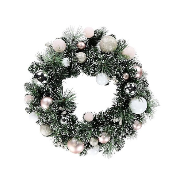 60cm White Tip Fir Wreath With Rose Gold, Champagne, Pink & White Baubles