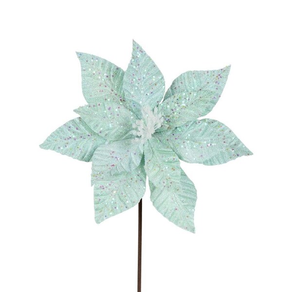 Pastel Turquoise Poinsettia With Glitter Christmas Fairy Floss Stem - 55cm