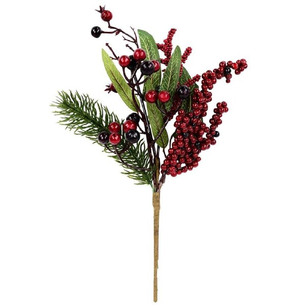 32cm Pine Sprig, Leaf & Red Berry Natural Look Christmas Tree Stem Pick