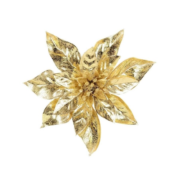 22cm Shiny Gold Moulded PVC Poinsettia Flower Christmas Tree Clip Pick