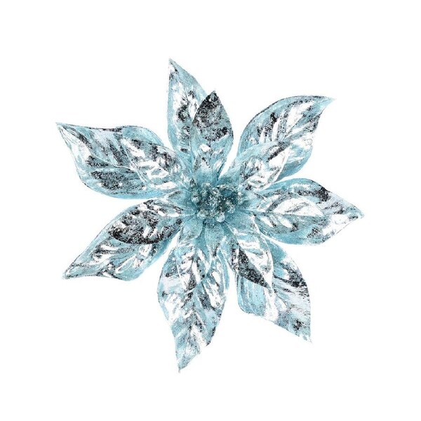 22cm Shiny Light Blue Moulded PVC Poinsettia Flower Christmas Tree Clip Pick