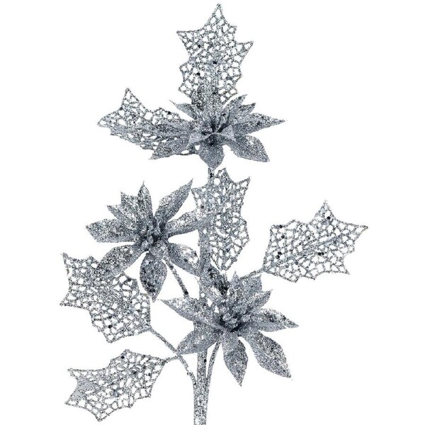 42cm Silver Glitter Poinsettia & Filigree Leaf Spray Long Christmas Stem