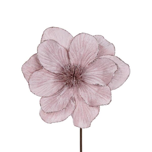 56cm Pale Pink Fabric With Glitter Magnolia Flower Long Christmas Stem