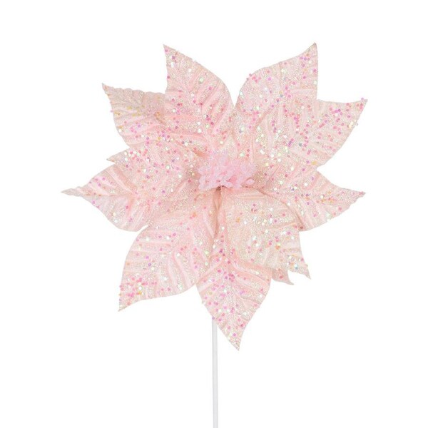 55cm Fairy Floss Pink Poinsettia With Iridescent Sequins Long Christmas Stem