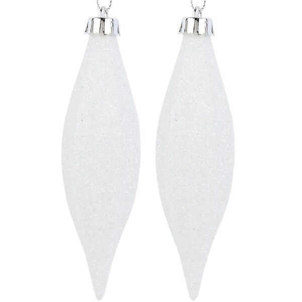 4x 14cm White With Iridescent Glitter Christmas Oval Finial Baubles