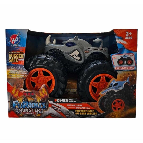 Friction Powered Grey Rhino Monster Truck for Children 1:16 Scale 3+