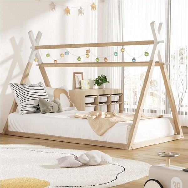 Oikiture Kids Bed Frame Wooden Timber King Single Teepee House Frame Beds