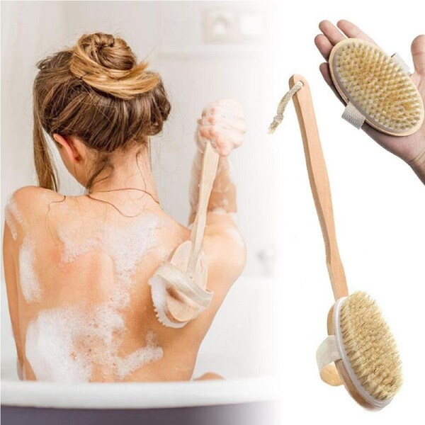 Premium Natural Bristle Wooden Bath Shower Body Back Dry Skin Brush Spa Scrubber
