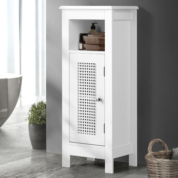 Oikiture Storage Cabinet Floor Cupboard Slim Laundry Bathroom Rattan Door White