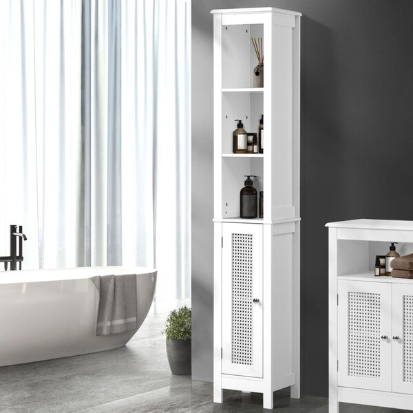 Oikiture Storage Cabinet Tall Slim Cupboard Bathroom Laundry Rattan Door White