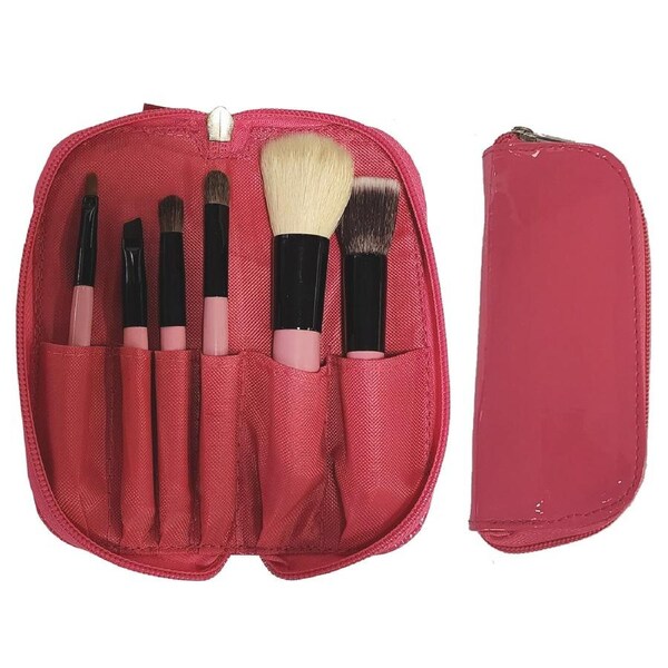 6 Piece Travel Makeup Brush Set Soft Bristle with Zip Up Carry Case Pink