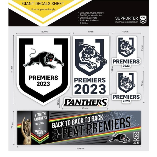 Penrith Panthers NRL 3 Peat GIANT Decal Sticker Sheet 2023 Premiers Premiership