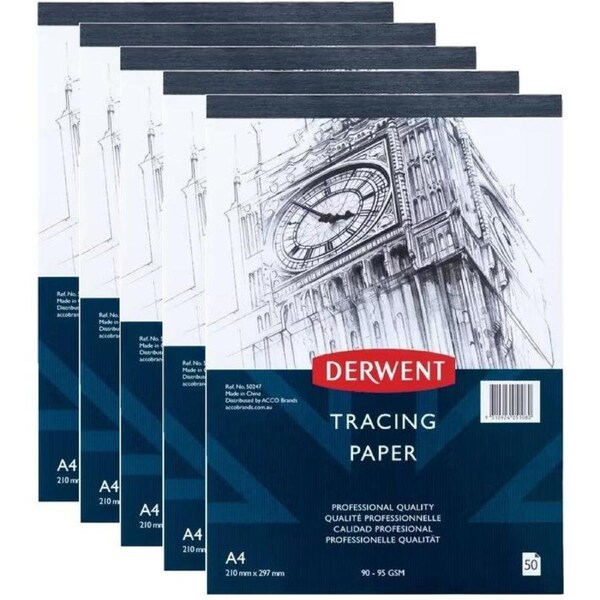 Derwent A4 90gsm Tracing Paper Pad 50 Sheets Pack of 5
