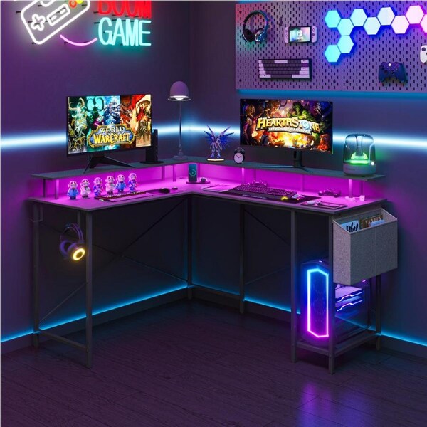 Advwin L Shaped Corner Desk RGB LED Gaming Desk with Monitor Stand Office Wokstation with 2 USB Ports and 2 Sockets, Hooks Black