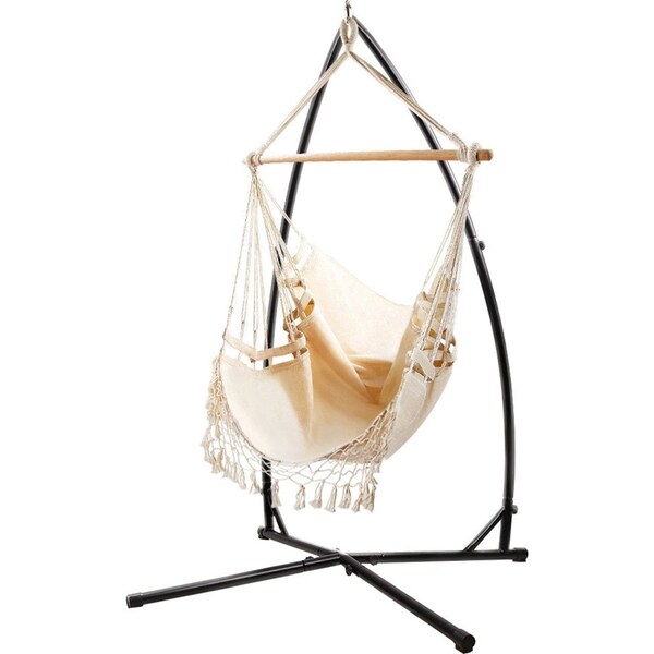 Outdoor Hammock Chair with Steel Stand Tassel Hanging Rope - Cream