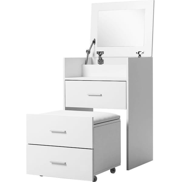 Dressing Table Bedside Tables 2-in-1 Set Hidden Makeup Mirror Storage Drawers