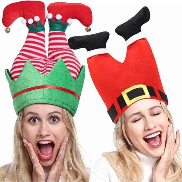 2Pcs Santa Claus Hats Christmas Decorations Funny Red Pant Leg Hat Christmas Cap