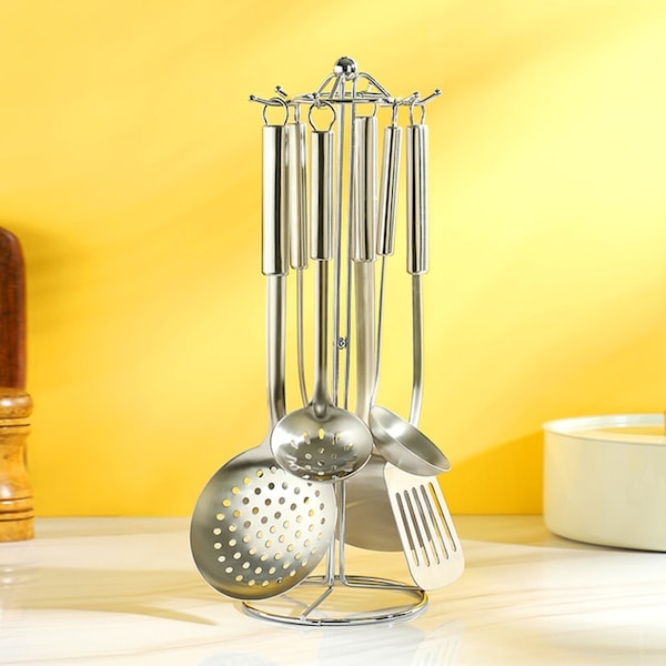 7pcs Stainless Steel Kitchen Utensil Set Cooking Spoon Kitchen Tools With Holder