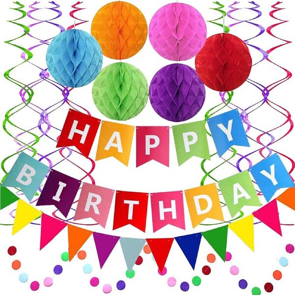 Happy Birthday Banner Triangle Flag Bunting Circle Hanging Garland Streamers