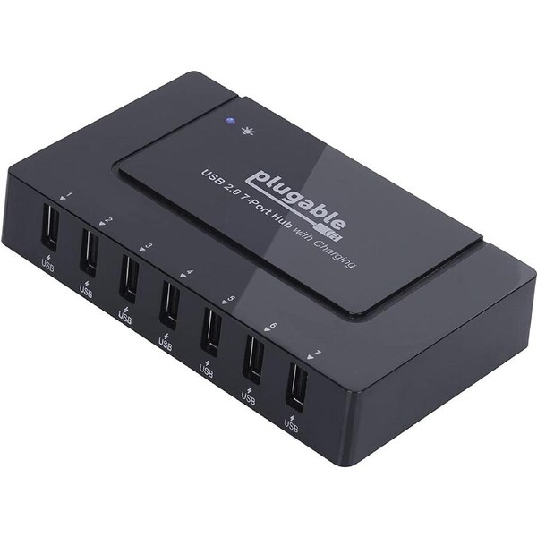 7 Port USB Hub - Plugable USB Charging Station for Multiple Devices and USB 2.0 Data Transfer with a 60W Power Adapter