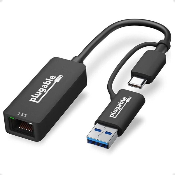 Plugable 2.5G USB C and USB to Ethernet Adapter, 2-In-1 Adapter Compatible with USB-C Thunderbolt 3 or USB 3.0, USB-C to RJ45 2.5 Gigabit LAN Ethernet, Compatible with Mac and Windows