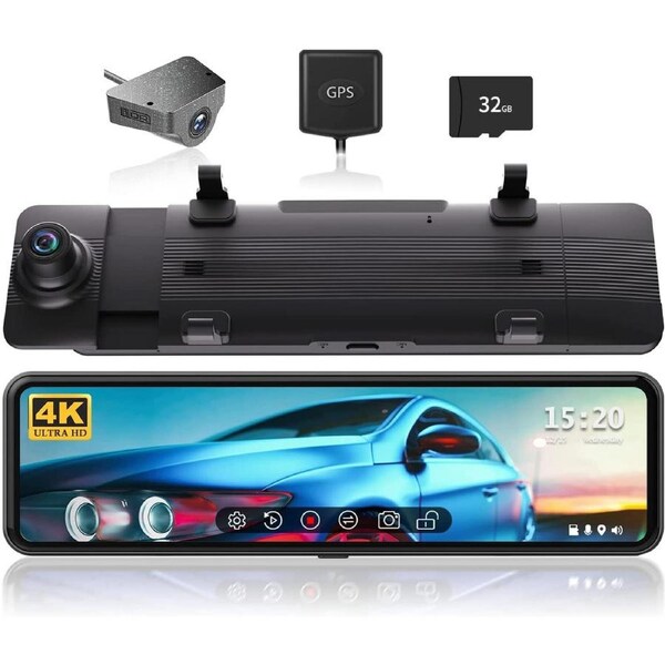 REDTIGER Mirror Dash Cam Backup Camera 11''UHD 4K Front and 1080P Rear View Mirror Dual Cameras for Cars,Gps,Night Vision,Smart Reverse Parking Assistance,Touchscreen,Free 32GB Card