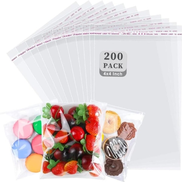 200 Pcs Cookie bags Clear Self Sealing Cellophane Treat Bags for Packaging, 4x4 Inch Cookie Bags for Gift Giving Bakery Cookies Candy Party Favor Gift Wrapping (4x4 Inch (Pack of 200))