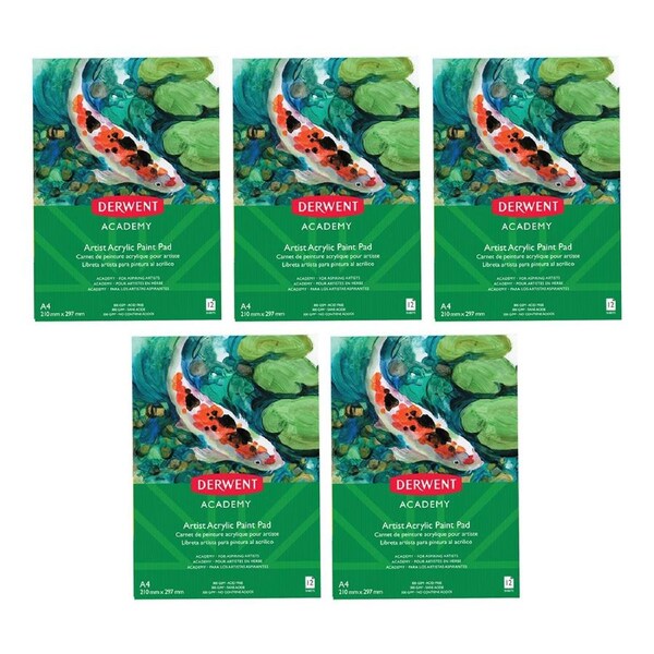 5x Derwent Academy Art/Craft Acrylic Paint Paper Pad A4 Portrait 12 Sheet 300Gsm