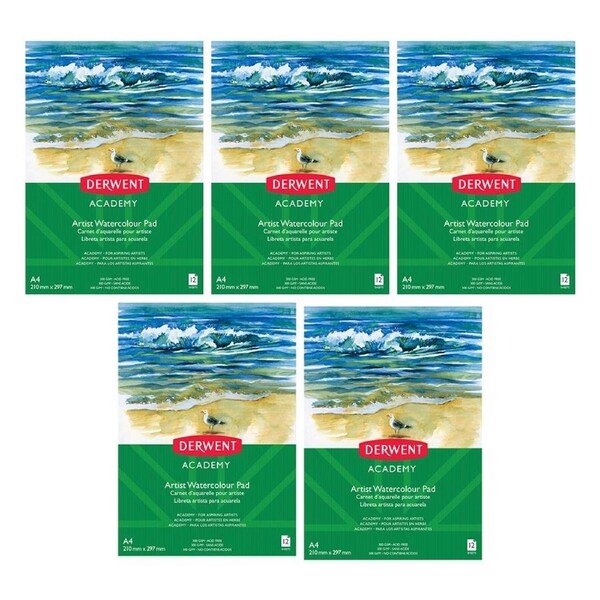 5x Derwent Academy Art/Craft Watercolour Paper Pad A4 Portrait 12 Sheet 300Gsm