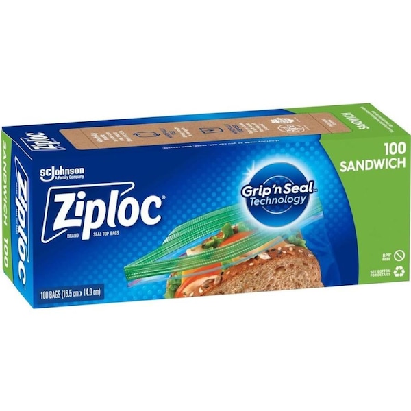 Ziploc Plastic Sandwich Bags with Secure Seal and Easy Open Tabs, BPA Free, 100 Count